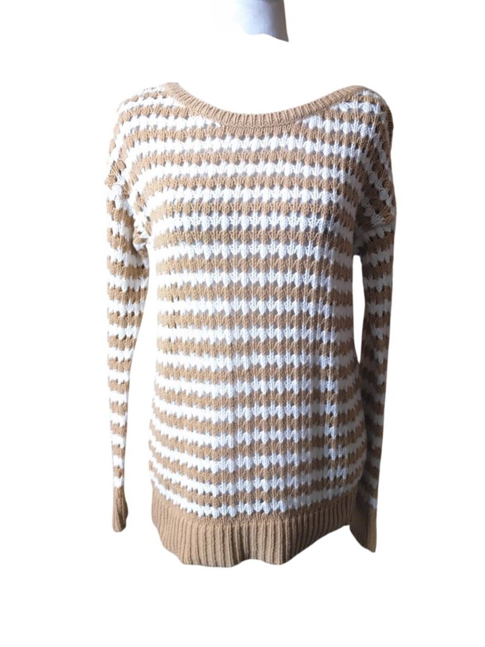 LOFT Factory Striped Sweater Size Medium Open Knit Pullover Neutral Minimalist
